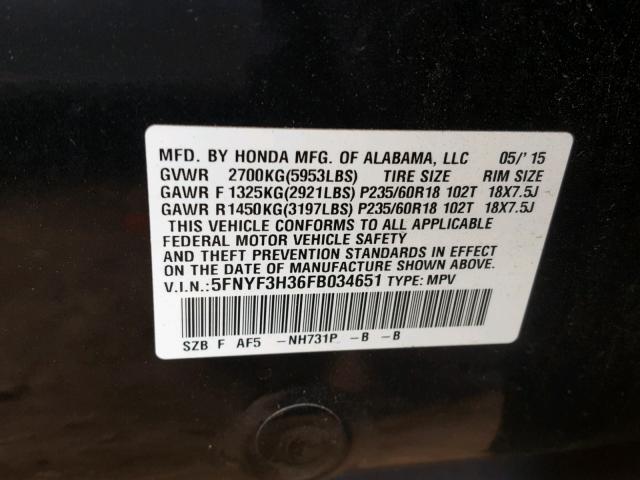 5FNYF3H36FB034651 - 2015 HONDA PILOT SE BLACK photo 10