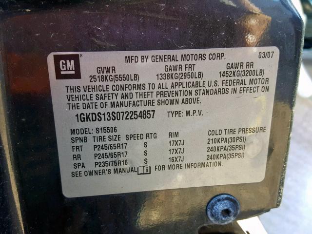 1GKDS13S072254857 - 2007 GMC ENVOY GRAY photo 10