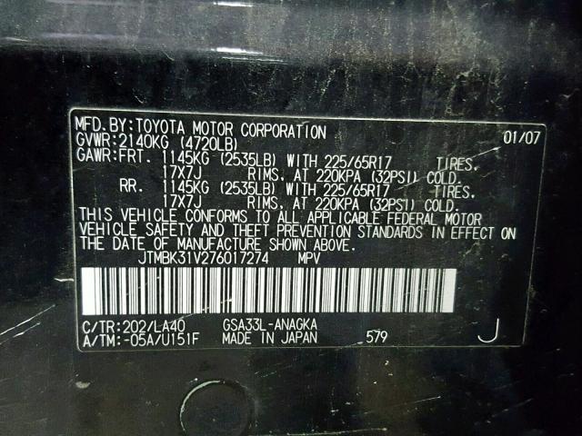 JTMBK31V276017274 - 2007 TOYOTA RAV4 LIMIT BLACK photo 10