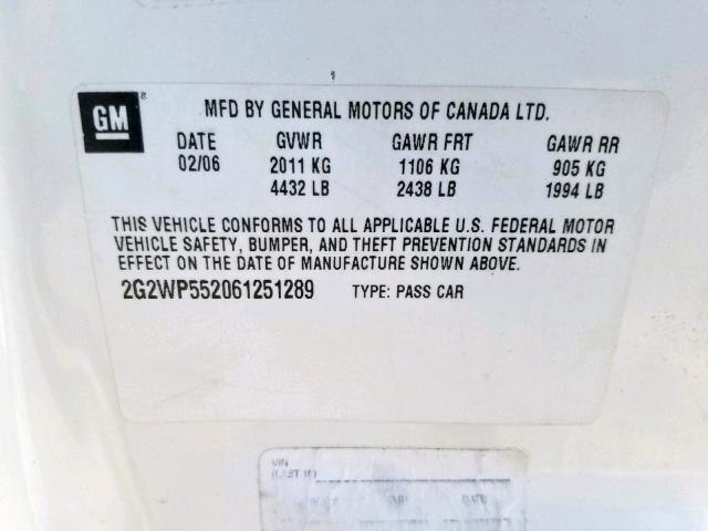 2G2WP552061251289 - 2006 PONTIAC GRAND PRIX WHITE photo 10