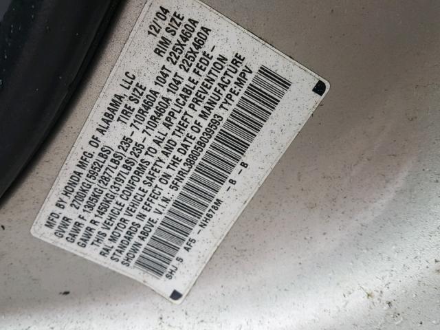 5FNRL38805B039593 - 2005 HONDA ODYSSEY TO SILVER photo 10