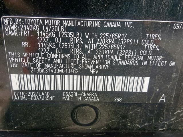 2T3BK31V39W013462 - 2009 TOYOTA RAV4 LIMIT BLACK photo 10