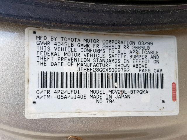 JT8BF28G6X5069792 - 1999 LEXUS ES 300 GOLD photo 10