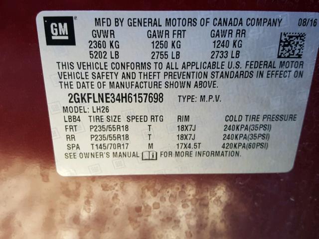 2GKFLNE34H6157698 - 2017 GMC TERRAIN SL RED photo 10