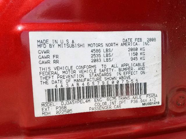 4A3AB46S79E007555 - 2009 MITSUBISHI GALANT SPO RED photo 10