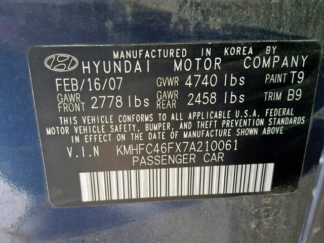 KMHFC46FX7A210061 - 2007 HYUNDAI AZERA SE BLUE photo 10