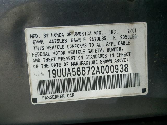 19UUA56672A000938 - 2002 ACURA 3.2TL GRAY photo 10