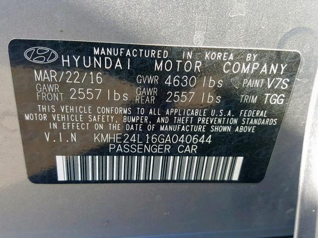 KMHE24L16GA040644 - 2016 HYUNDAI SONATA HYB SILVER photo 10