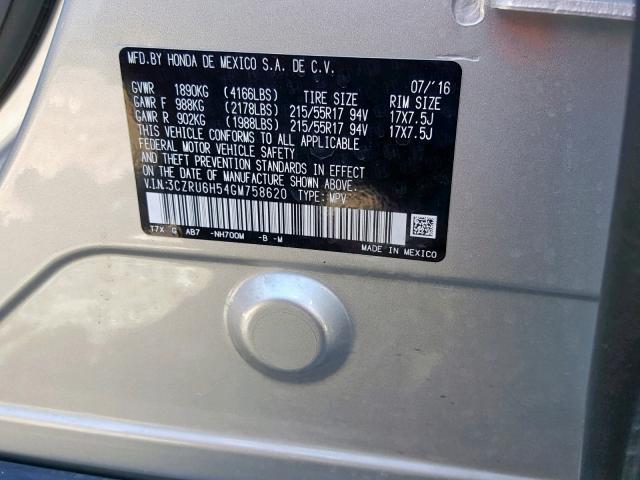 3CZRU6H54GM758620 - 2016 HONDA HR-V EX SILVER photo 10