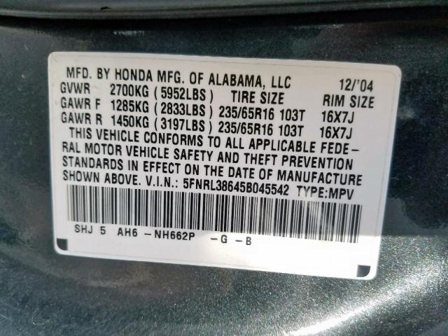 5FNRL38645B045542 - 2005 HONDA ODYSSEY EX GRAY photo 10