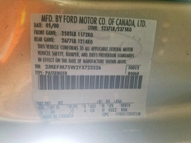 2MEFM75W2YX723526 - 2000 MERCURY GRAND MARQ TAN photo 10