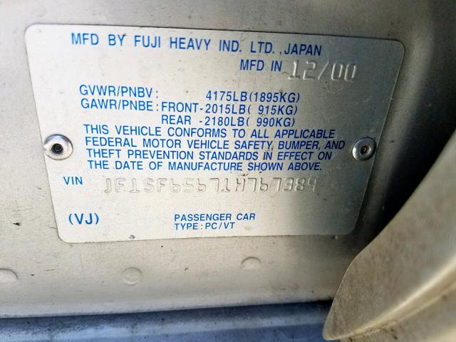 JF1SF65671H767389 - 2001 SUBARU FORESTER S Gümüş foto 10