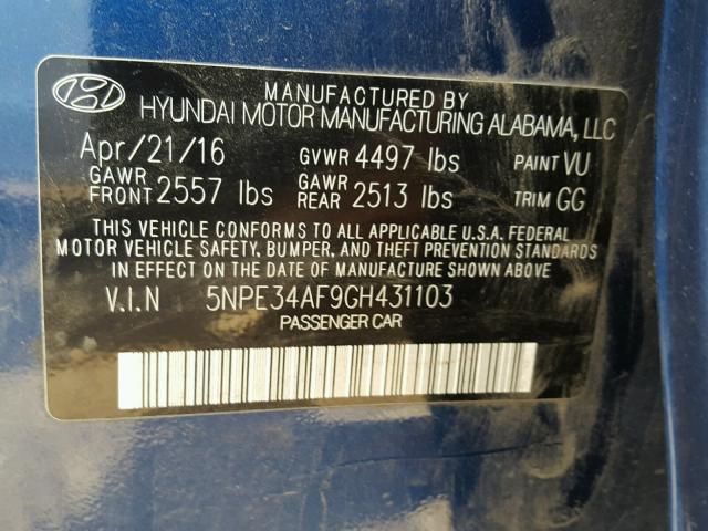 5NPE34AF9GH431103 - 2016 HYUNDAI SONATA SPO BLUE photo 10