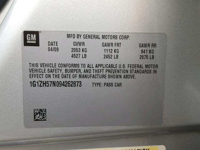 1G1ZH57N094262873 - 2009 CHEVROLET MALIBU 1LT SILVER photo 10