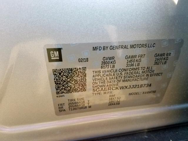 5GAERCKWXJJ218734 - 2018 BUICK ENCLAVE PR SILVER photo 10