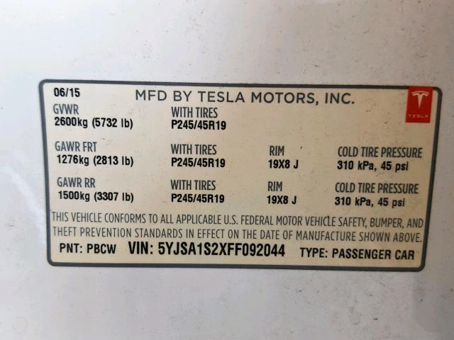 5YJSA1S2XFF092044 - 2015 TESLA MODEL S 70 WHITE photo 10