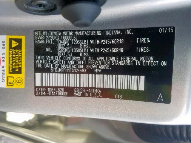 5TDJKRFH1FS124493 - 2015 TOYOTA HIGHLANDER SILVER photo 10