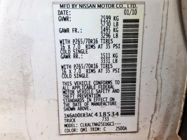 1N6AD0ER3AC418534 - 2010 NISSAN FRONTIER C WHITE photo 10