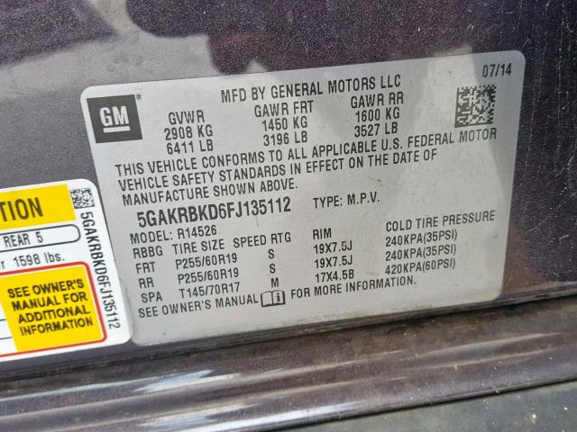 5GAKRBKD6FJ135112 - 2015 BUICK ENCLAVE BLACK photo 10