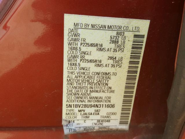 5N1BV28U94N311606 - 2004 NISSAN QUEST S RED photo 10