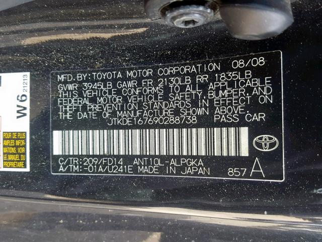 JTKDE167690288738 - 2009 TOYOTA SCION TC შავი ფოტო 10