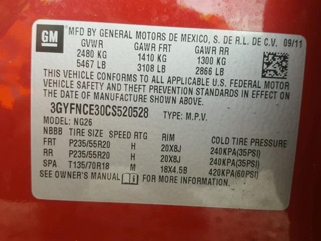 3GYFNCE30CS520528 - 2012 CADILLAC SRX PREMIU RED photo 10