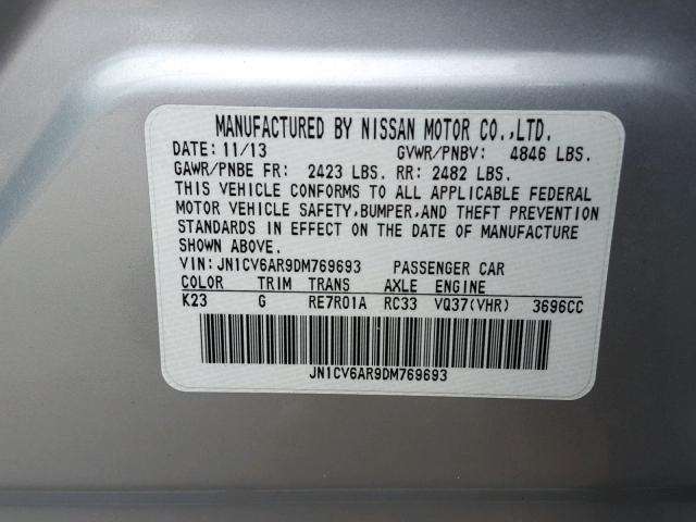 JN1CV6AR9DM769693 - 2013 INFINITI G37 SILVER photo 10