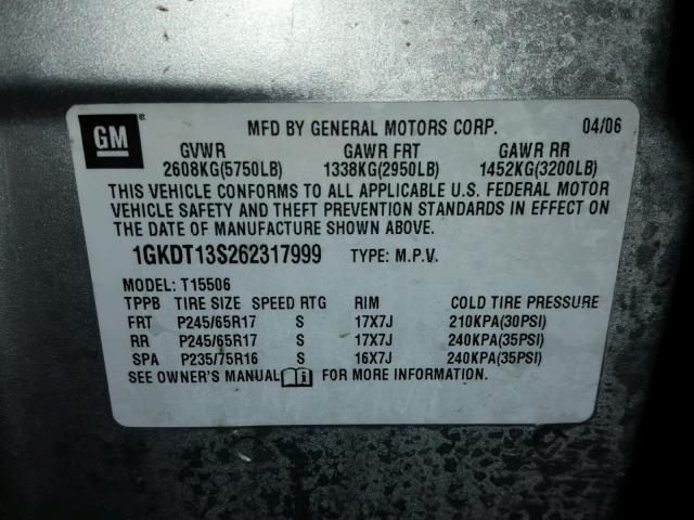 1GKDT13S262317999 - 2006 GMC ENVOY SILVER photo 10