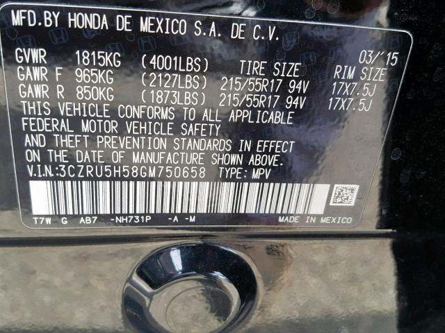 3CZRU5H58GM750658 - 2016 HONDA HR-V EX BLACK photo 10