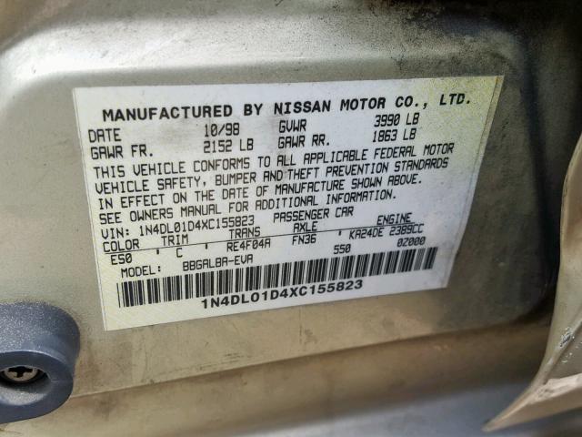 1N4DL01D4XC155823 - 1999 NISSAN ALTIMA XE GOLD photo 10