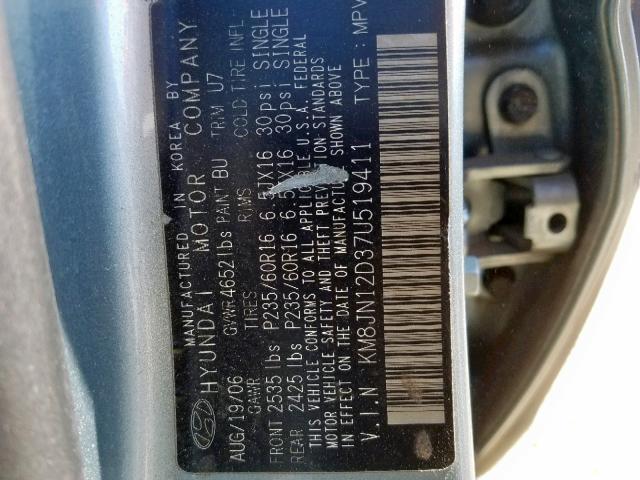 KM8JN12D37U519411 - 2007 HYUNDAI TUCSON SE TEAL photo 10