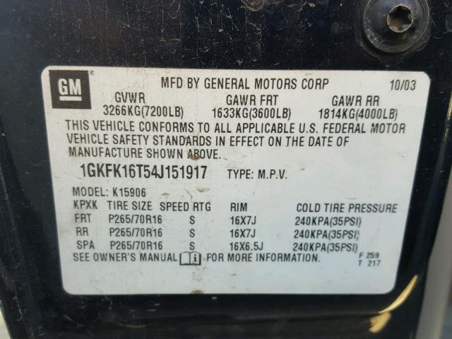 1GKFK16T54J151917 - 2004 GMC YUKON XL K BLUE photo 10