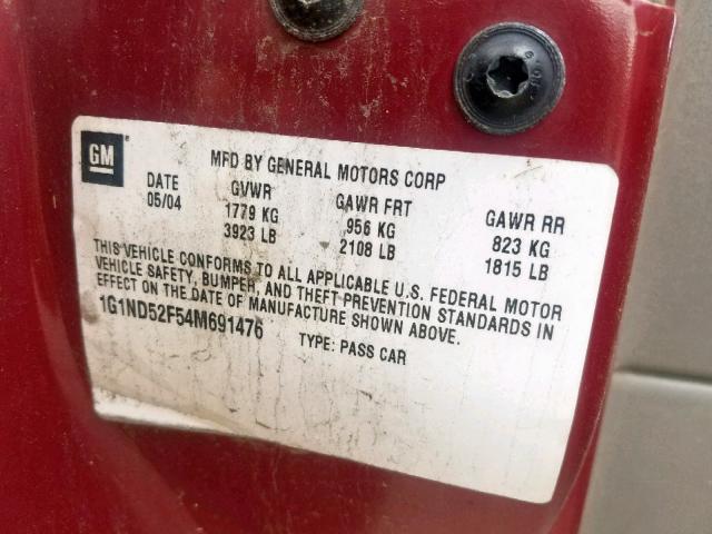 1G1ND52F54M691476 - 2004 CHEVROLET CLASSIC RED photo 10