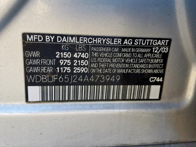 WDBUF65J24A473949 - 2004 MERCEDES-BENZ E 320 SILVER photo 10