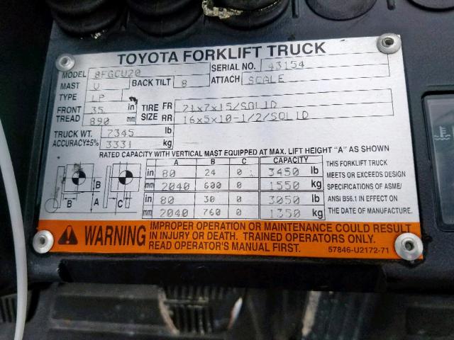 43154 - 2013 TOYOTA FORKLIFT ORANGE photo 10