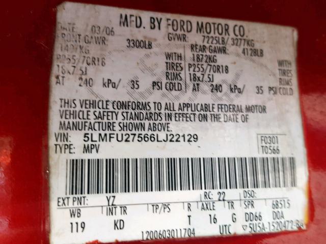 5LMFU27566LJ22129 - 2006 LINCOLN NAVIGATOR RED photo 10