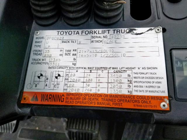 43235 - 2013 TOYOTA FORKLIFT ORANGE photo 10