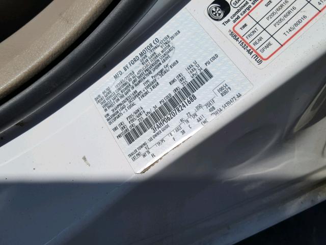 3FAHP06Z07R241688 - 2007 FORD FUSION S WHITE photo 10