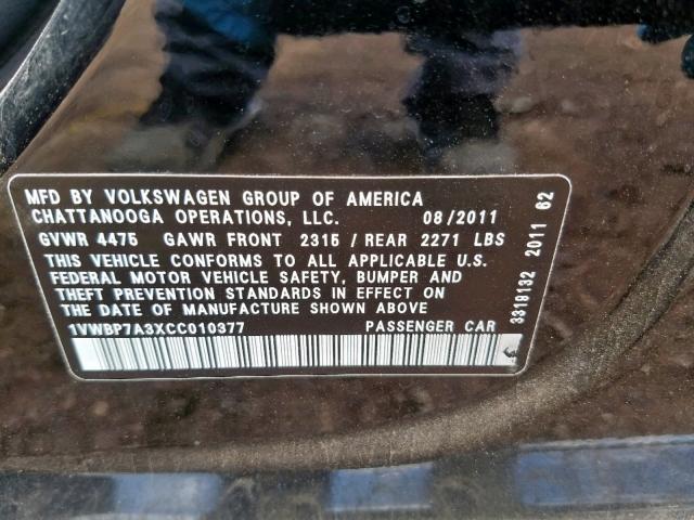 1VWBP7A3XCC010377 - 2012 VOLKSWAGEN PASSAT SE BLACK photo 10