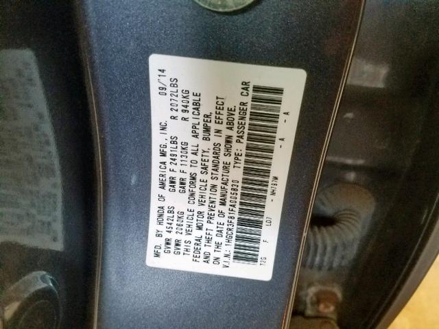 1HGCR3F81FA005830 - 2015 HONDA ACCORD EXL GRAY photo 10