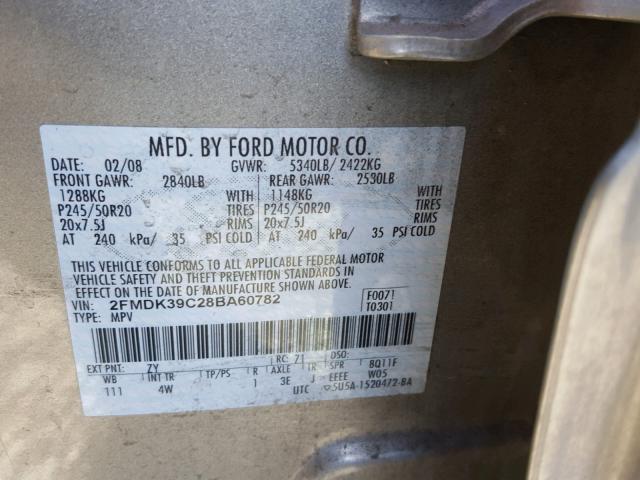 2FMDK39C28BA60782 - 2008 FORD EDGE LIMIT SILVER photo 10