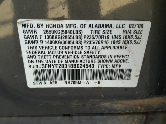 5FNYF28318B024543 - 2008 HONDA PILOT SE GRAY photo 10