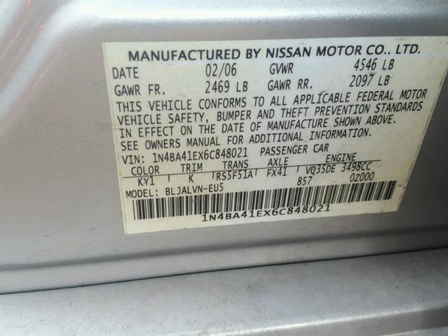 1N4BA41EX6C848021 - 2006 NISSAN MAXIMA SE SILVER photo 10