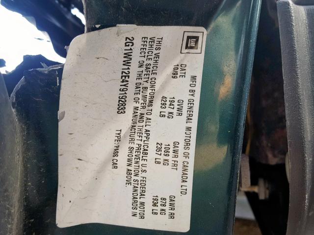 2G1WW12E4Y9192833 - 2000 CHEVROLET MONTE CARL მწვანე ფოტო 10