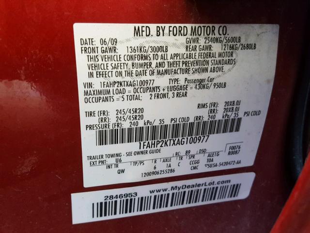 1FAHP2KTXAG100977 - 2010 FORD TAURUS SHO RED photo 10