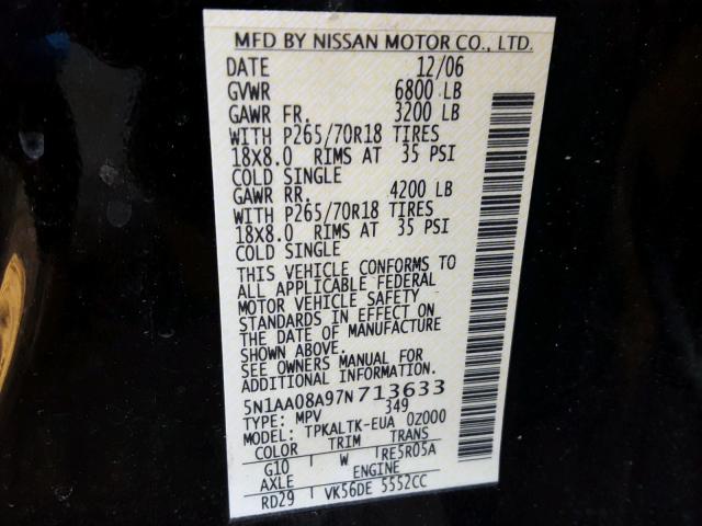 5N1AA08A97N713633 - 2007 NISSAN ARMADA SE BLACK photo 10