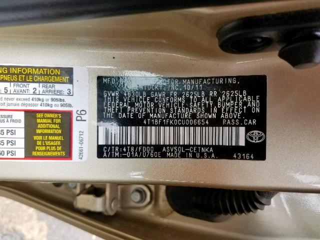 4T1BF1FK0CU006654 - 2012 TOYOTA CAMRY BASE GOLD photo 10