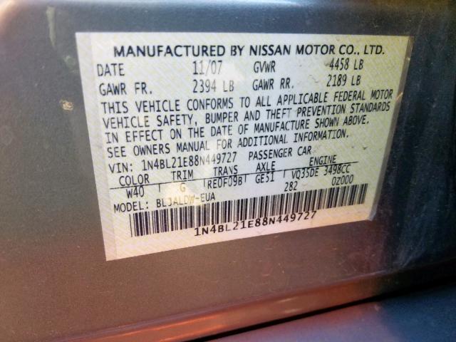 1N4BL21E88N449727 - 2008 NISSAN ALTIMA 3.5 GRAY photo 10