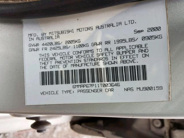 6MMAP67P11T003646 - 2001 MITSUBISHI DIAMANTE L GRAY photo 10