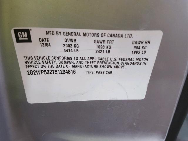 2G2WP522751234816 - 2005 PONTIAC GRAND PRIX SILVER photo 10